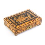 A Regency pen work rectangular sewing box, the lid with a complex scene of a Roman classical