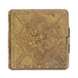 A gilt brass Avery style needle packet case, 'Alexandra', floral covers inscribed to the clasp and