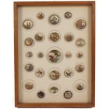 Buttons - a fine framed display of twenty five, Japanese Satsuma porcelain buttons, floral,