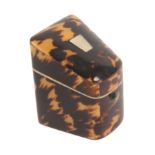 A tortoiseshell combination needle packet thimble box of knife box form, the lid with white metal