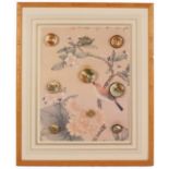 Buttons - a framed display of nine Japanese Satsuma buttons, floral and landscapes, largest 3cm,