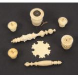 A mixed lot - sewing, all 19th Century ivory pieces comprising five cotton barrels, a thread