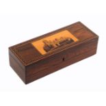 A Tunbridge ware rosewood glove box, of rectangular form, the lid with an inset mosaic panel