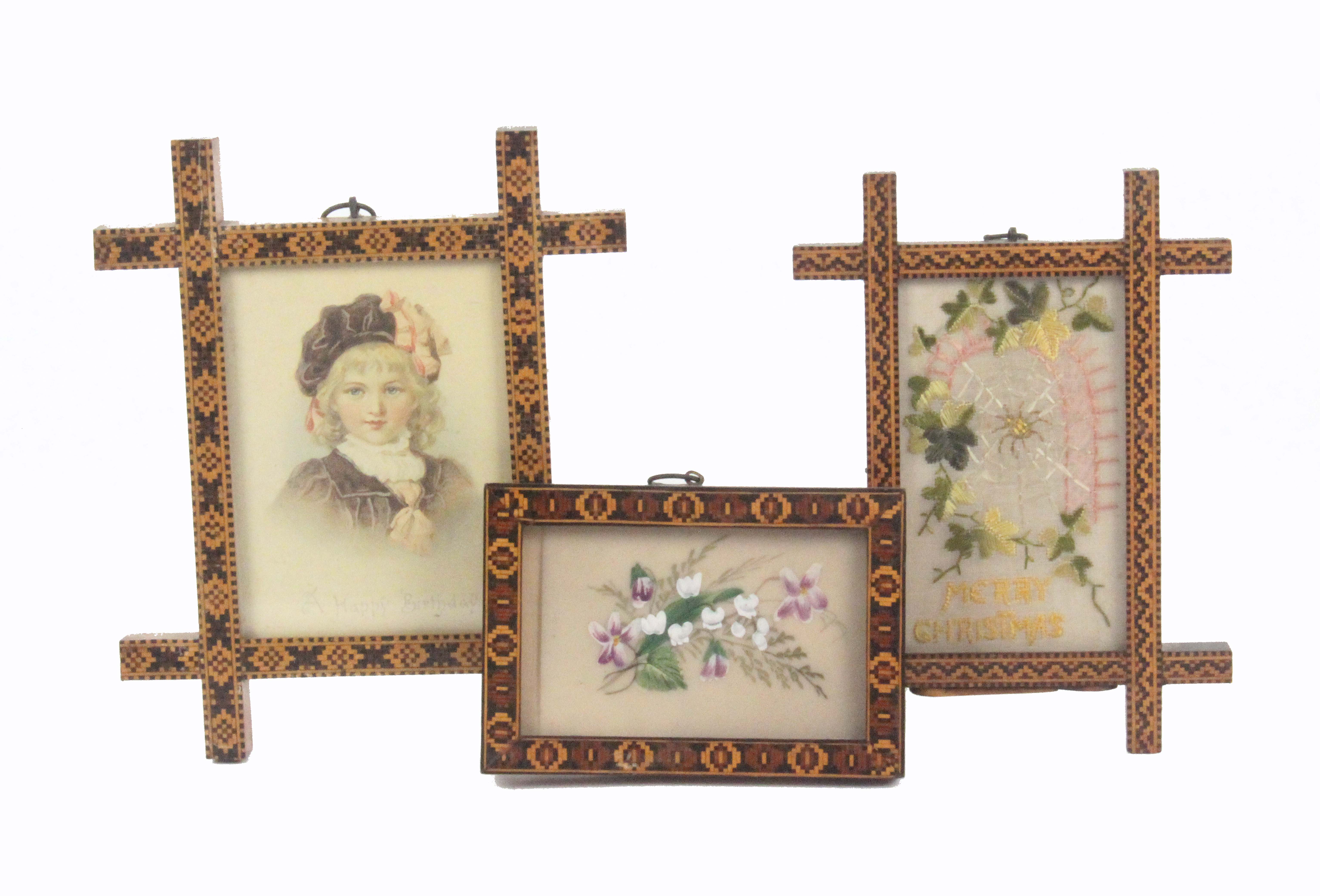 Three Tunbridge ware geometric mosaic border picture frames, two of Oxford type, one with a birthday