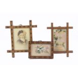 Three Tunbridge ware geometric mosaic border picture frames, two of Oxford type, one with a birthday