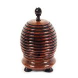 An unusual rosewood Tunbridge ware string box, in the form of a bee skep raised on three turned