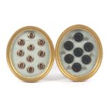 Buttons - two oval framed displays comprising a set of ten oval enamel buttons, maroon ground with