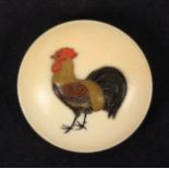 A fine and large Japanese domed ivory button, decorated in shibayama with a cockerel, 3cm dia.