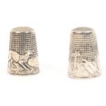 Two French silver fable thimbles, 'The hare and the tortoise' and another 'The wolf and the