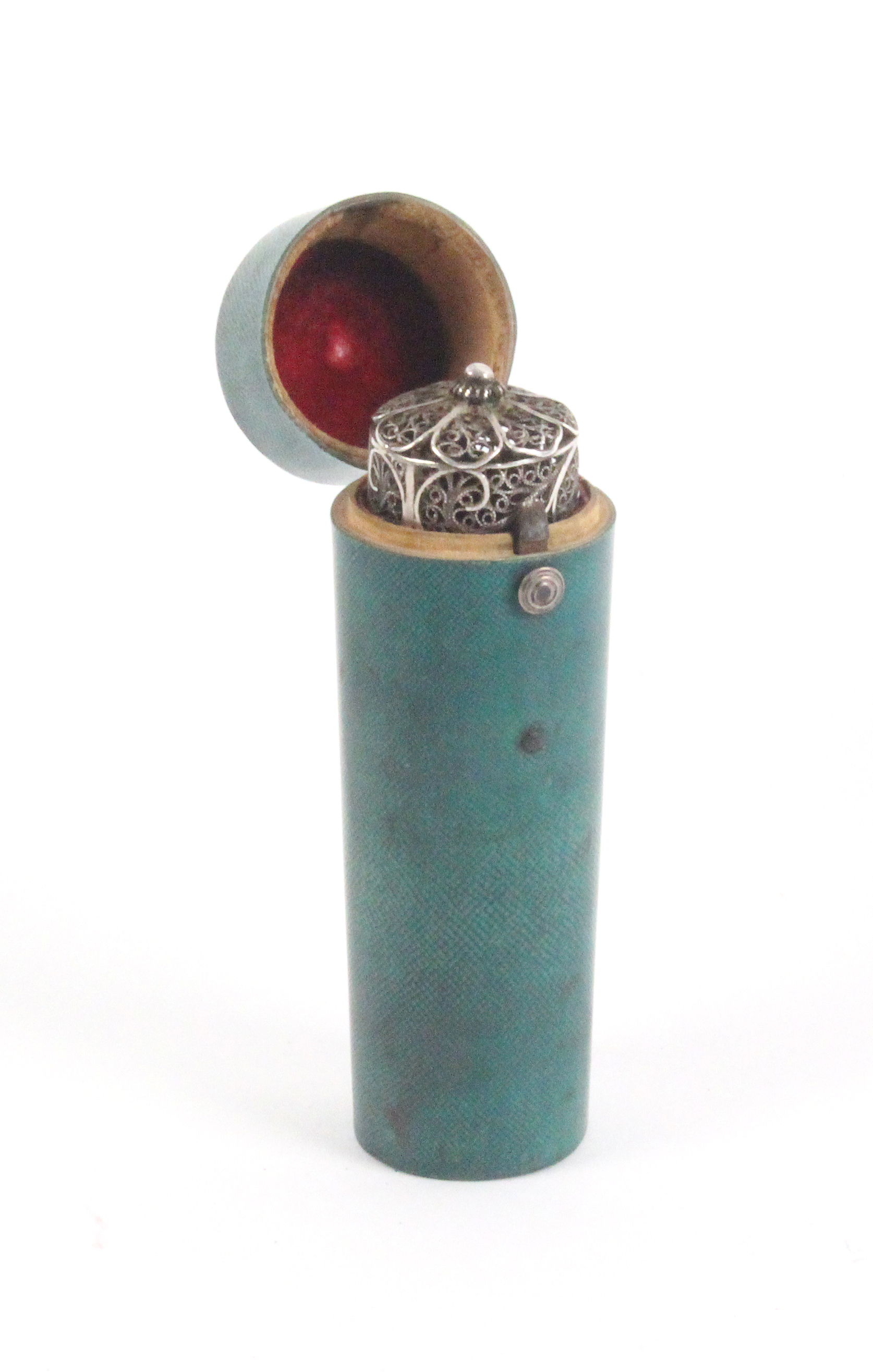 A fine silver filigree bodkin case contained in its original green shagreen case, the cylinder - Image 3 of 3