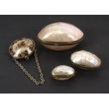 Four 19th Century shell form purses and boxes, comprising three egg shaped mother of pearl