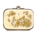 A fine ivory and shibayama decorated silver purse, one side in gold lacquer with flowering