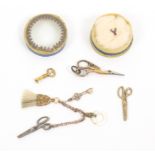 Miniature items probably for dolls, comprising a three chain chatelaine with scissors, key and