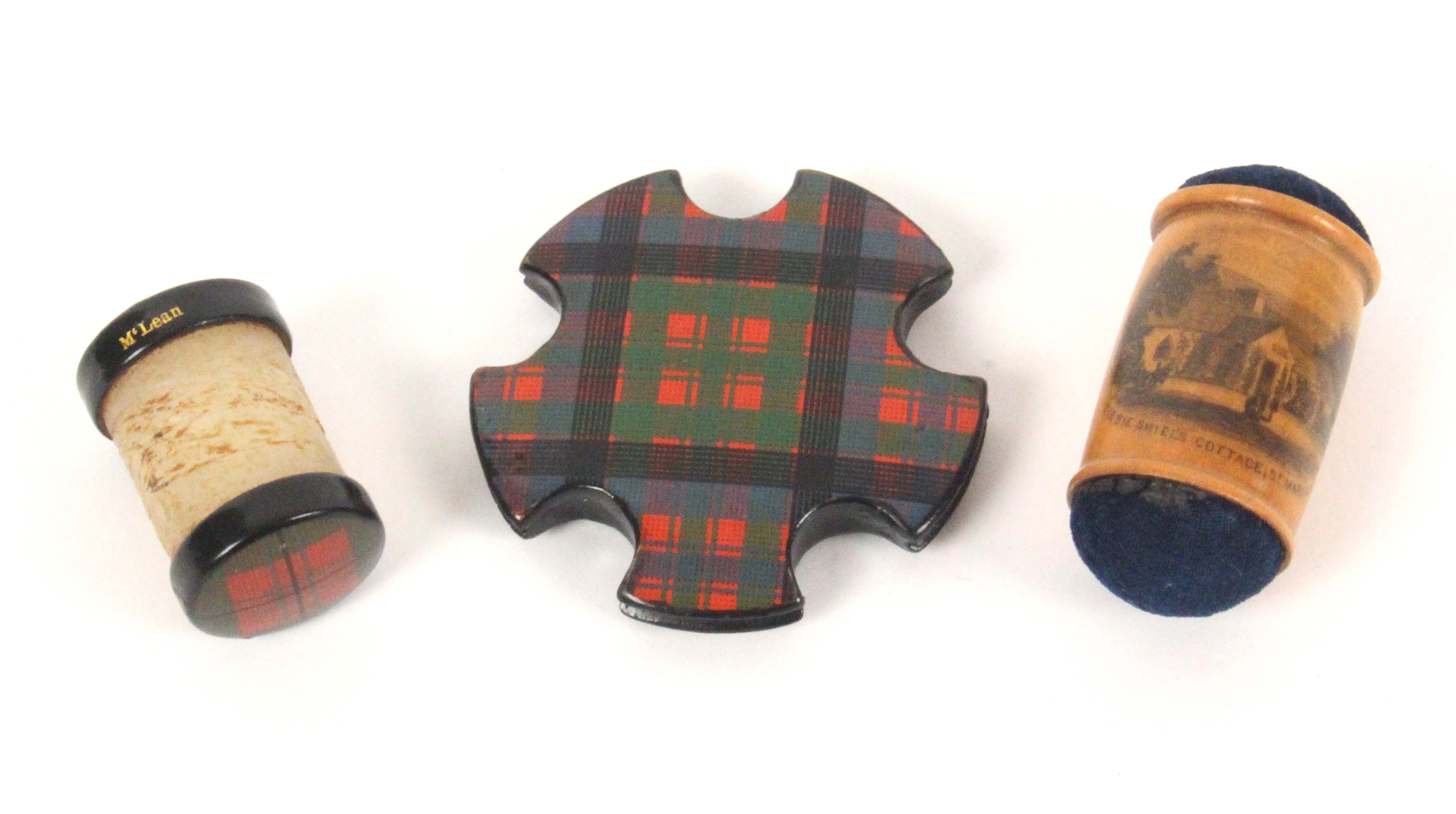 Tartan and Mauchline ware - three pieces, comprising a scarce circular Tartan ware thread winder,