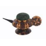 A good Tunbridge stick ware teapot pin cushion and wheel, rosewood spout, velvet cushion, disc