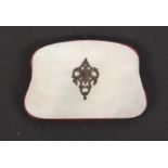 A mid 19th Century mother of pearl mounted purse, of shaped outline one side with inlaid silver