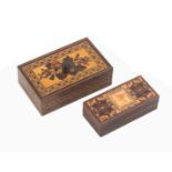 Tunbridge ware – two pieces, comprising a rosewood rectangular stamp box with printed stamp