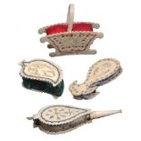 Four 19th Century bone or ivory pierced board pin cushions, comprising a basket with swing handle, a