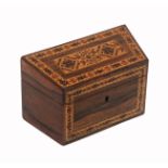 A Tunbridge ware rosewood post card or stationery box, sloping lid and sides, the former with a