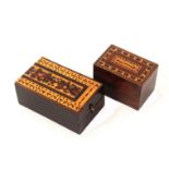 A Tunbridge ware money box and a cribbage box, the first of rectangular form in rosewood, the coin