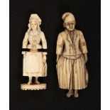 Two Dieppe carved ivory 19th Century figural needle case, comprising a female figure in