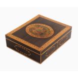 An attractive George III walnut sewing box of rectangular form inlaid and print applied, the lid