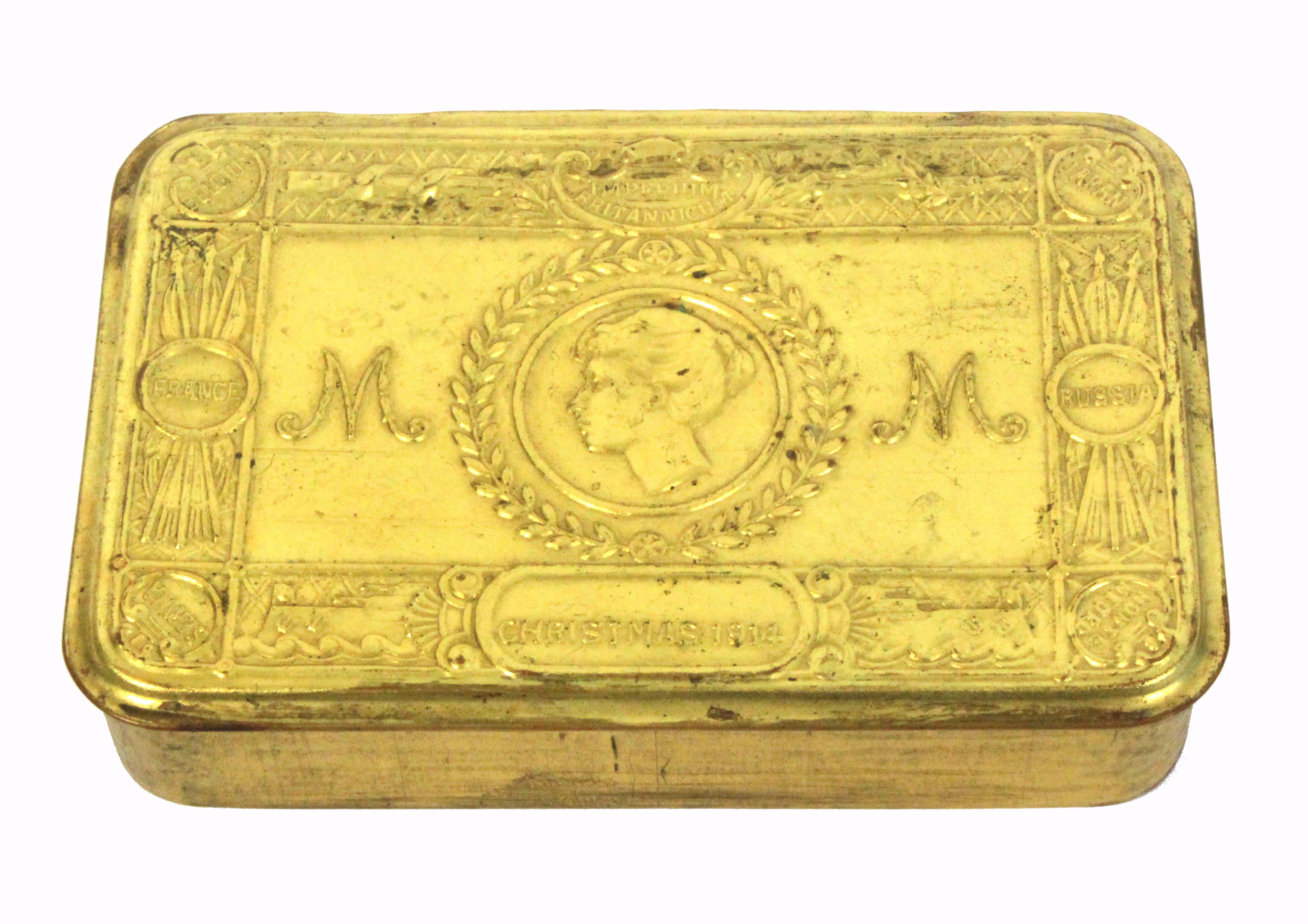 A WW1 Princess Mary gift tin, ‘Christmas 1914’, retaining original finish, 13cms.