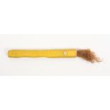 A Regency yellow silk skein holder, of square section with pearl button catch, complete with