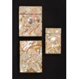 Three 19th Century mother of pearl card cases and purses, comprising two hinged top examples, 10.3 x