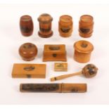 Mauchline and related wares – eleven pieces, comprising two barrel form money boxes (Black Gang