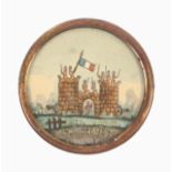 A French revolutionary button, painted with a turreted gateway with figures, flag and cannon and