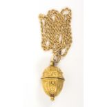 An 18th Century gilt metal thimble case, with later gold thimble and mounted as a necklace with gold