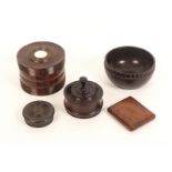Treen – five pieces, comprising a circular box with rose or engine turned cover, 8cm, a bowl with