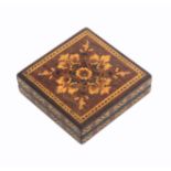 A Tunbridge ware Tangram puzzle, the square box with geometric mosaic lid and sides, complete with