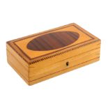 A Georgian whitewood and inlaid rectangular weighted netting box, the sides with rope stringing, the