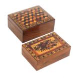 Two Tunbridge ware rectangular boxes, comprising a rosewood example the cushion top in cube work