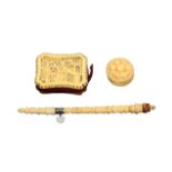 Three 19th Century ivory sewing tools, comprising a Canton carved ivory rectangular pin cushion