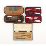 Three English cased sewing sets, comprising a leather cased set of rounded end rectangular form with