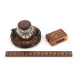 Tunbridge ware – three pieces, comprising a rosewood circular pen and ink stand with border of
