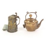 Two metal novelty tape measures, comprising a part reeded copper teapot the complete printed tape in
