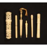 Six bone needle cases, comprising a large pierced cylinder form example with internal multiple reel,