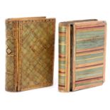 Two 19th Century French split and coloured straw work book form boxes, each with mirror to lid