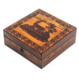 A Tunbridge ware rosewood box of square form, the lid with an inset mosaic panel of a stag in