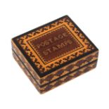A Tunbridge ware stamp box, of rectangular form the lid titled in mosaic ‘Postage Stamps’ within