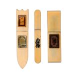 Three 19th Century ivory needle cases, comprising a quiver shaped example with two verre eglomise