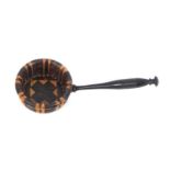 A Tunbridge ware caddy spoon, the stick ware bowl on turned rosewood handle, 9cms.