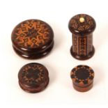 Tunbridge ware – four pieces, comprising a circular rosewood box, the lid in mixed geometric