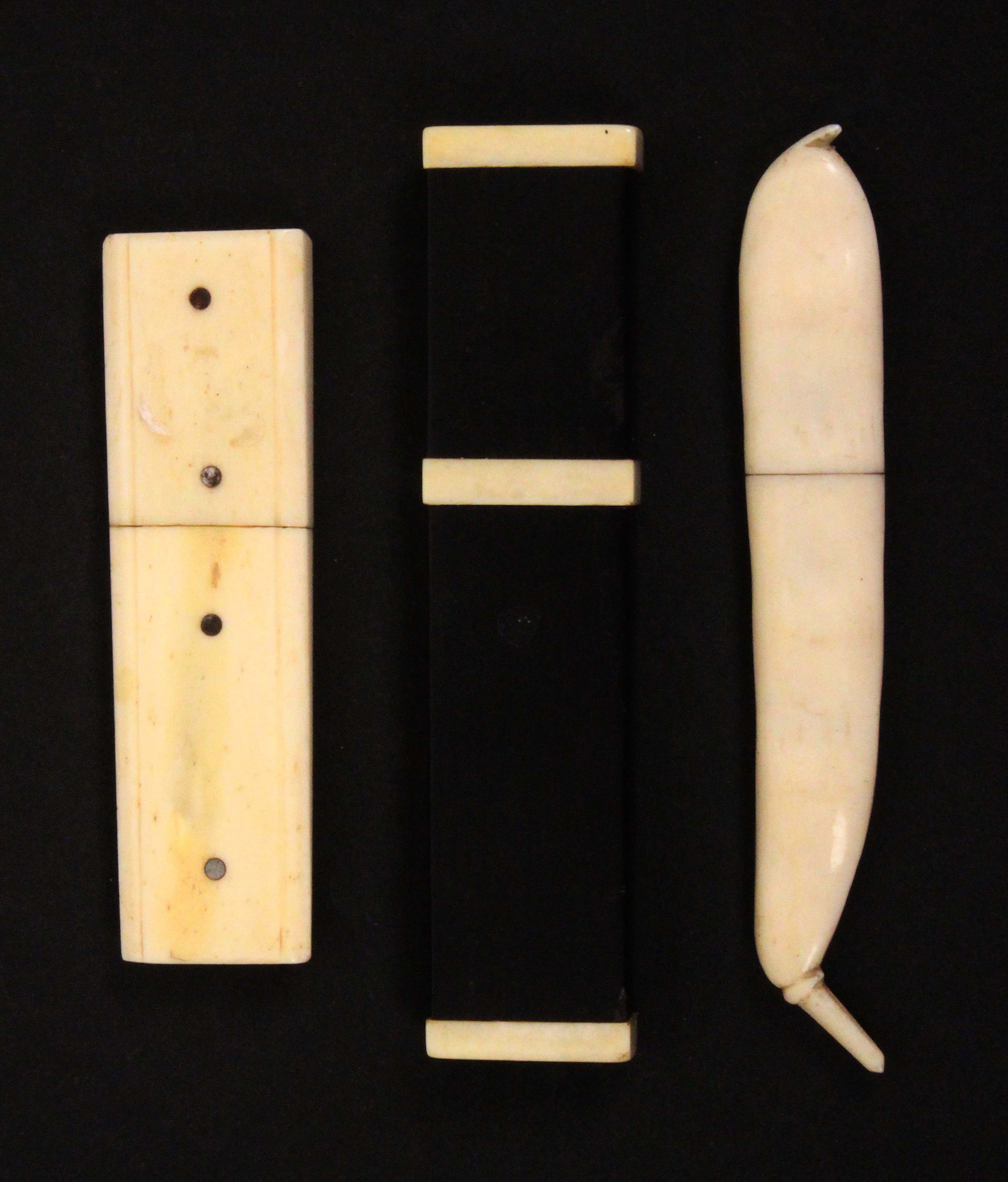 Three 19th Century needle cases, comprising an ebony rectangular example with ivory mounts, 9cm, - Image 2 of 2