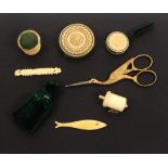 A mixed lot – sewing, comprising a pair of gilded Toledo stork form scissors, 11.5cms, an ivory