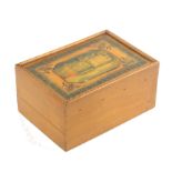 A rare early 19th Century Tunbridge ware rectangular sewing box, the sliding lid with a colour print